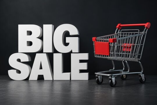 A small red shopping cart sits beside large white big sale typography on a dark surface. Perfect for retail promotion and discount marketing banners.