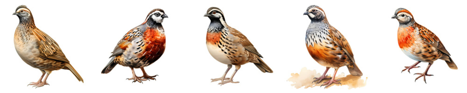 Collection of different types of partridges in an array on a black background