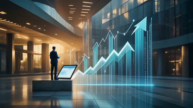 Long-Term Business Growth. Digital Finance & Financial Growth. . An entrepreneur standing beside a large tablet and observing an abstract multi-stage financial growth trajectory