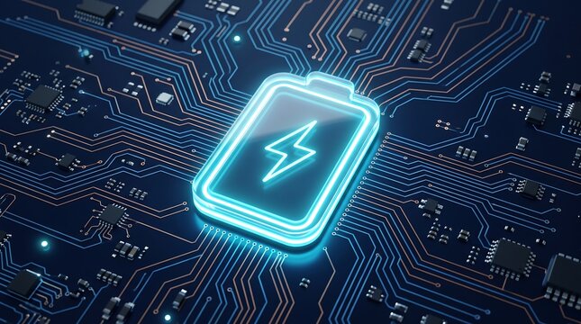 Glowing electric battery icon hovering over complex printed circuit board representing sustainable energy storage and advanced power management electronics technology innovation
