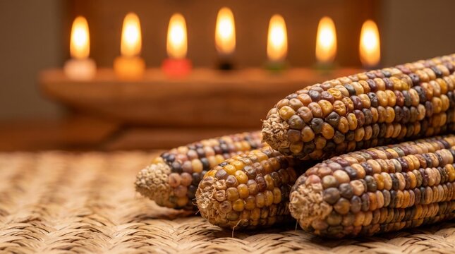 Dried corn cobs arranged on woven surface with candles burning in background
