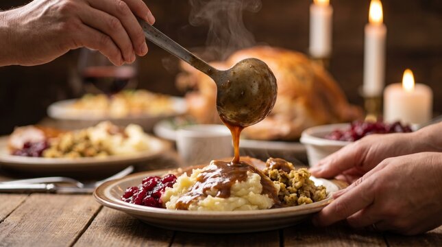 Pouring gravy over mashed potatoes at festive dinner table