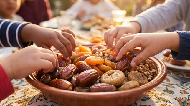 Children reaching for dried dates, nuts, figs in clay bowl during outdoor gathering