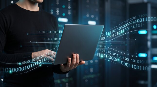 Professional worker holding laptop with digital binary code overlay against server room background representing cybersecurity data analysis and modern IT software development