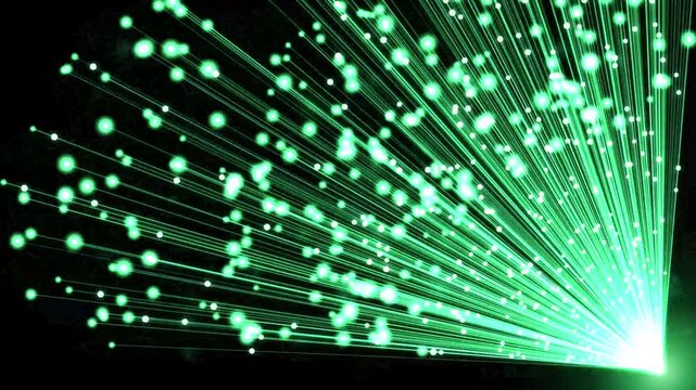 Green laser light beams creating futuristic digital network visualization effect
