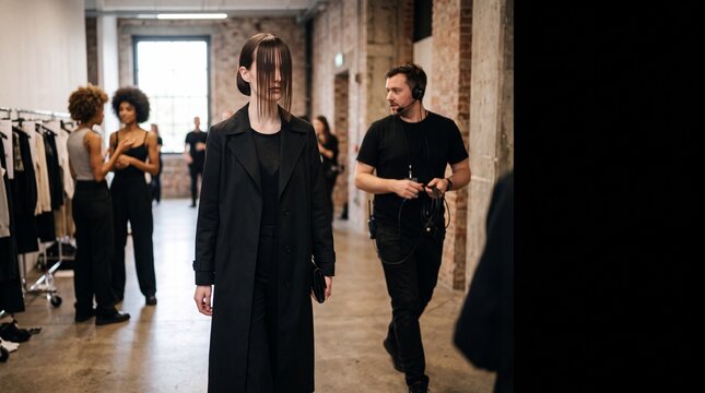 Fashion model with avant-garde bangs at backstage runway event.