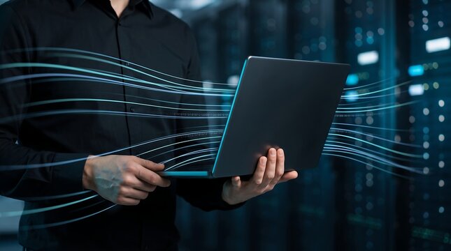 Information technology engineer analyzing data flows on laptop in high performance computing data center with glowing digital binary code visualization