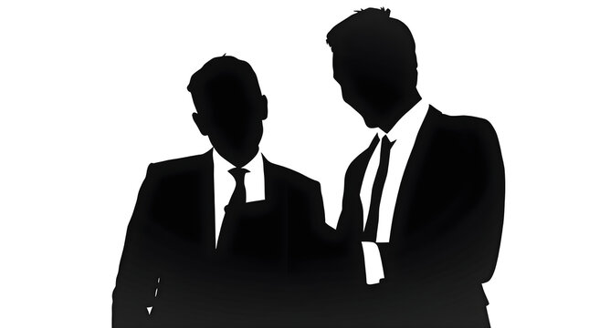 Black and white silhouette illustration of two businessmen in suits standing together and having a corporate discussion, ideal for business meeting, partnership, leadership, and teamwork icons.