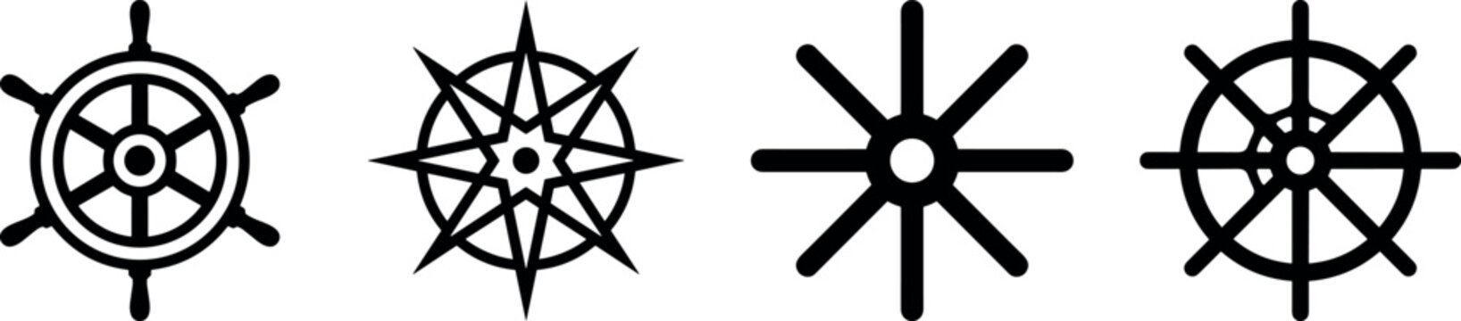 Set of ship steering wheels and nautical compass star icons vector silhouette illustration design template