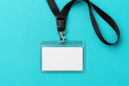 Blank ID badge holder with black lanyard on a vibrant blue background. Perfect for corporate employee identification mockups.