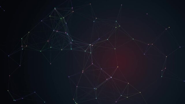Network nodes connected by thin geometric lines form a complex digital web over a dark textured surface with subtle red and blue ambient lighting.