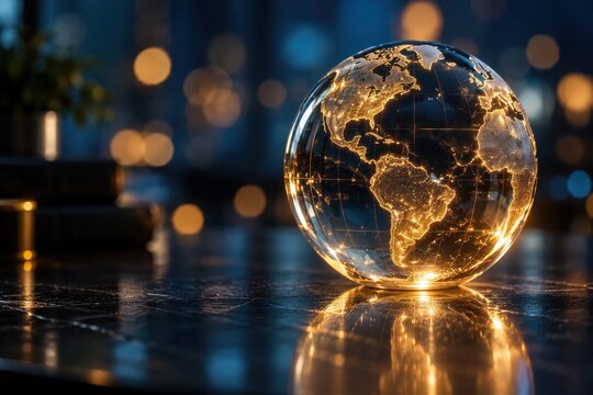 A glowing glass globe illuminated with city lights rests on a reflective dark table. Ideal for global connectivity and business concept designs.