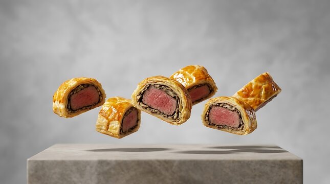 A collection of gourmet beef wellington bites floating above a stone podium against a minimal grey studio background