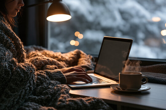Hands working at home desk beside snowy winter window