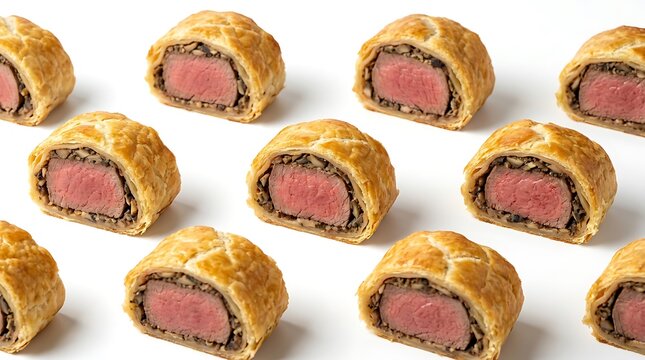 A pattern of beef wellington bites featuring tender medium-rare steak wrapped in savory mushroom duxelles and pastry