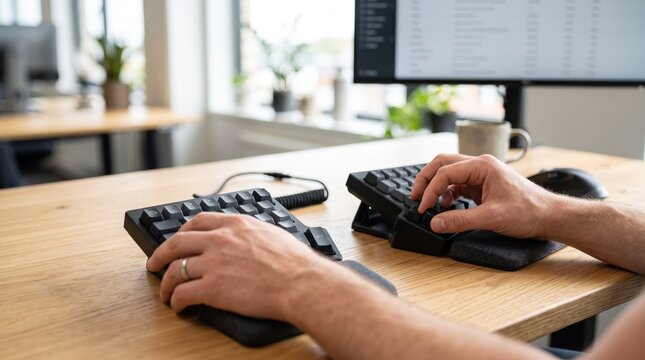 Close-up of male hands typing on an ergonomic split mechanical keyboard with wrist rests on a wooden desk in a bright office.
