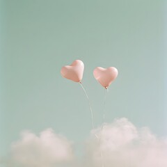 Fototapeta premium Close perspective on light pink hearts above clouds