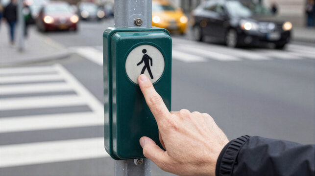 Pedestrian crossing button with hand pressing signal beside urban crosswalk and blurred traffic, highlighting safe street navigation and accessible city infrastructure