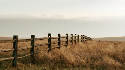 Obraz premium Long wooden fence line in a dry grassy field during a soft autumn evening