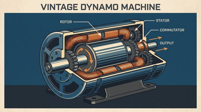 Vintage dynamo machine technical diagram showing internal components and mechanical structure.
