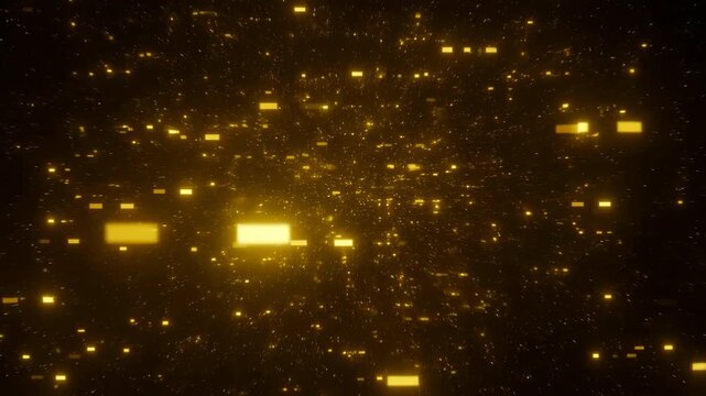 Glowing golden rectangles and fine particles stream outward from a bright central depth across a dark background, creating layered motion, radiant contrast, and pronounced visual depth