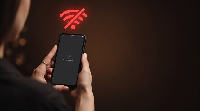 Smartphone in hand with red WiFi icon and connection warning on screen, warm low light indoor scene showing internet outage problem, with copy space for customer support, troubleshooting, and network 