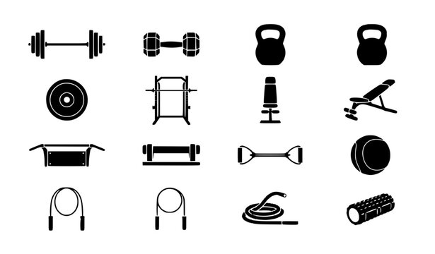 Fitness and Strength Training Equipment Black Silhouette Vector Icon Set