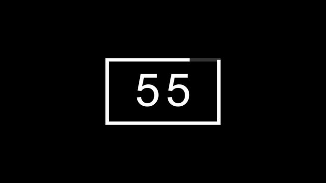 Minimalist white 60 seconds to 0s countdown timer readout graphic set against dark background animation.