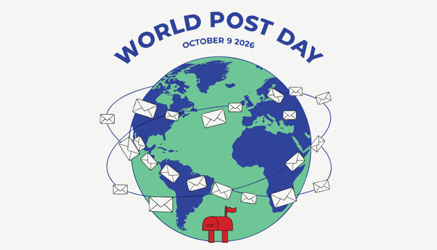 World post day celebration featuring floating mail envelopes around planet earth
