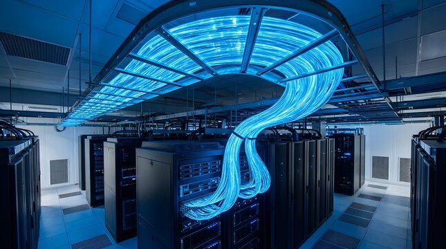 Glowing blue fiber optic cables connected to server racks in a data center