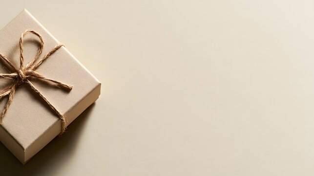 A small square gift box wrapped with rustic twine, placed on a clean light beige background