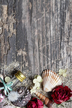 Flat lay composition on a wooden pier featuring seashells, dried flowers, sand, and romantic love letters. Conceptual background for book covers, nostalgia, summer romance, and memories.