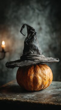 Halloween holiday. Halloween pumpkin with a magic black hat, magical pumpkin head, wizard in a hat, beautiful pumpkin with a magic hat. High quality