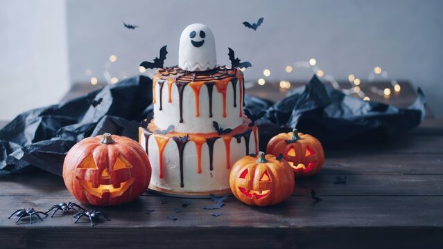 Halloween cake with ghost and bat decorations, surrounded by glowing pumpkins.