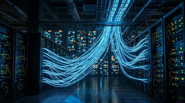 Glowing fiber optic data cables connecting server racks in a modern data center