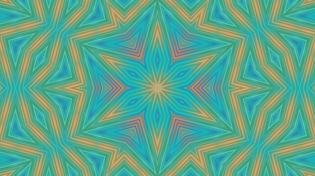 Abstract colorful kaleidoscope star pattern background featuring teal and warm brown lines.