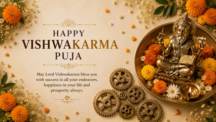 Fototapeta na wymiar Happy Vishwakarma Puja greeting card with Lord Vishwakarma statue, traditional flowers, oil lamp and gears, festive Hindu celebration banner for blessings and prosperity