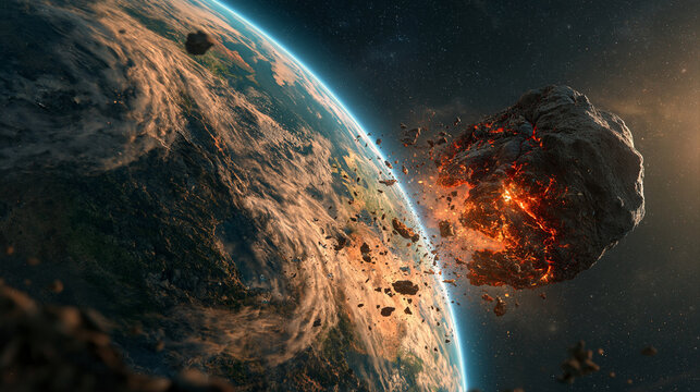 Massive burning asteroid approaching Earth from deep space, dramatic planetary impact and global catastrophe concept, cinematic science fiction scene for disaster and apocalypse themes