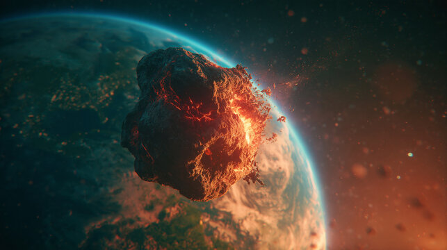 Massive burning asteroid approaching Earth from deep space, dramatic planetary impact and global catastrophe concept, cinematic science fiction scene for disaster and apocalypse themes