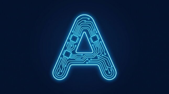 Glowing blue circuit board letter A on dark futuristic technology background
Digital neon letter A typography with microchip and electronic line patterns for tech logo