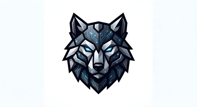 A geometric low-poly cyberpunk wolf head logo design featuring glowing blue circuit board patterns and sharp metallic details.
