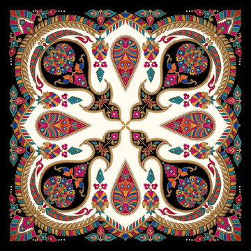 Cream and red traditional Indian paisley motif square pattern for scarf print