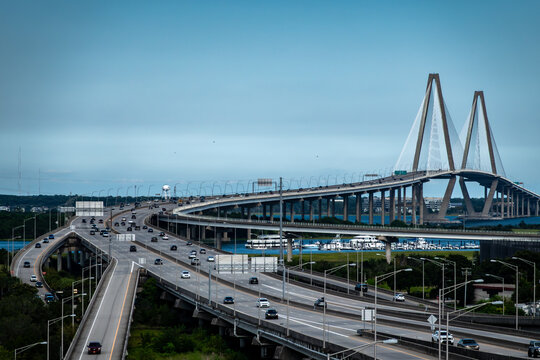 Elevated view of the Arthur Ravenel Jr. Bridge and highway approach interchanges in Charleston South Carolina