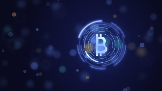 Animated glowing Bitcoin symbol inside rotating HUD rings with bokeh on dark blue, cryptocurrency, blockchain, digital currency and crypto trading loop