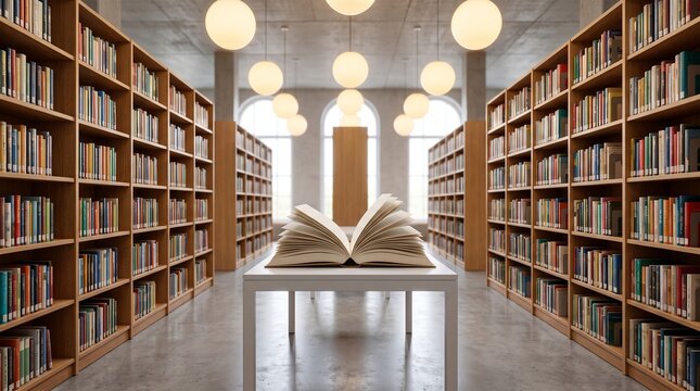 Open book on table in center of quiet modern library interior with academic libr