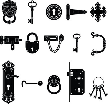 Vintage door hardware and locks silhouette icons featuring keys knocker padlock latch and keyhole