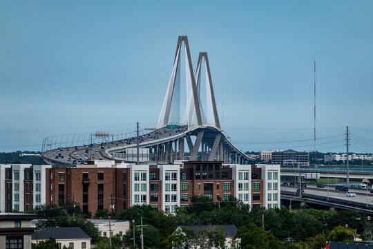 Elevated view of the Arthur Ravenel Jr. Bridge and highway approach interchanges in Charleston South Carolina