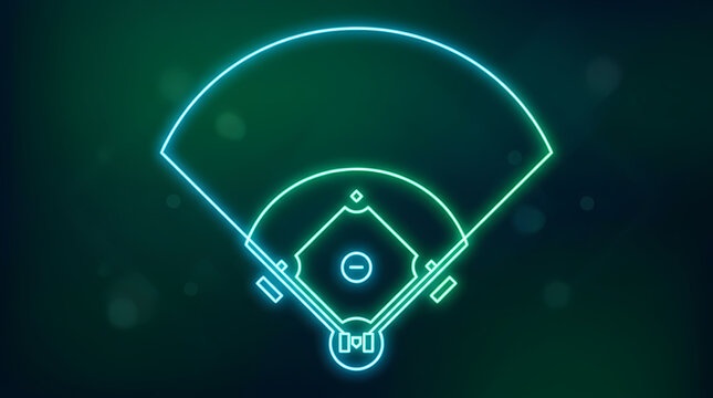 Neon glowing baseball field layout outline shining with bright turquoise light on dark green atmosphere representing sports championship competition tournament venue marker for athletic team