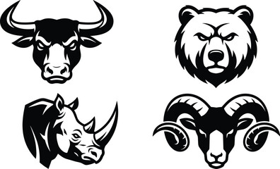 Fototapeta premium Set of black and white wild animal heads vector illustration featuring aggressive bull bear rhinoceros and ram mascots for sports teams or corporate identity branding logos