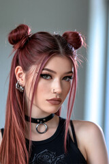 Fototapeta premium gothic woman portrait with pink space buns and dramatic makeup, confident gothic woman with pink hair and black leather choker in studio lighting